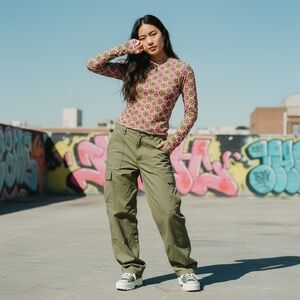 INC Mesh Mod Floral Top Sz M Retro Print 70s Inspired Y2K Long Sleeve‎ Groovy